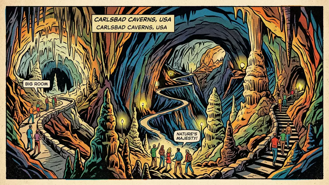 Pop-Art-Comic von Carlsbad-Caverns-Nationalpark in Carlsbad, USA mit Rasterpunkten
