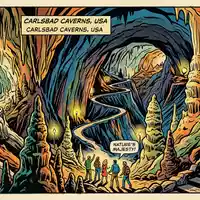 Pop-Art-Comicillustration des Wahrzeichens Carlsbad-Caverns-Nationalpark in Carlsbad USA, kraeftige Konturen Rasterpunkte und satte Farben - Foto: THN