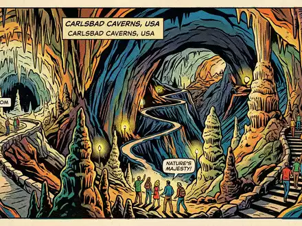 Pop-Art-Comicillustration des Wahrzeichens Carlsbad-Caverns-Nationalpark in Carlsbad USA, kraeftige Konturen Rasterpunkte und satte Farben - Foto: THN
