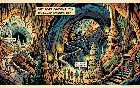 Pop-Art-Comicillustration des Wahrzeichens Carlsbad-Caverns-Nationalpark in Carlsbad USA, kraeftige Konturen Rasterpunkte und satte Farben - Foto: THN