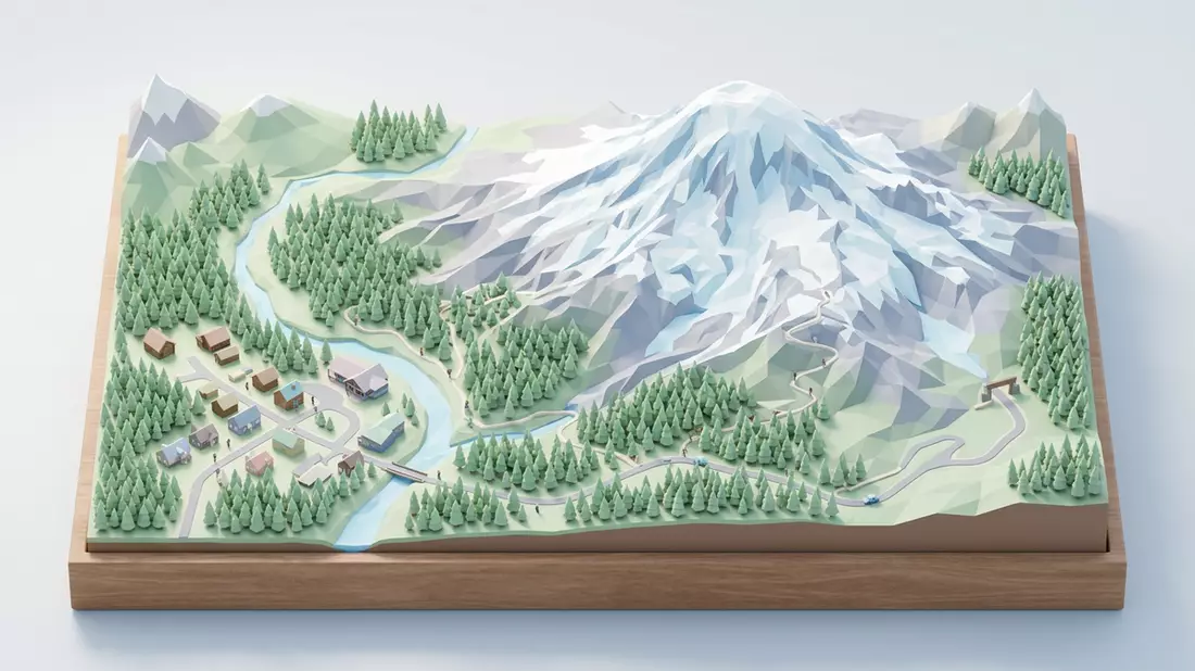 Isometrisches Diorama von Mount-Rainier-Nationalpark in Ashford, USA in Pastell