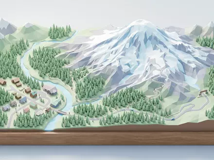 Isometrisches Diorama von Mount-Rainier-Nationalpark und Umgebung in Ashford USA, verspielte Low-Poly-Kulisse in Pastellfarben - Foto: THN
