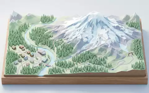Isometrisches Diorama von Mount-Rainier-Nationalpark und Umgebung in Ashford USA, verspielte Low-Poly-Kulisse in Pastellfarben - Foto: THN