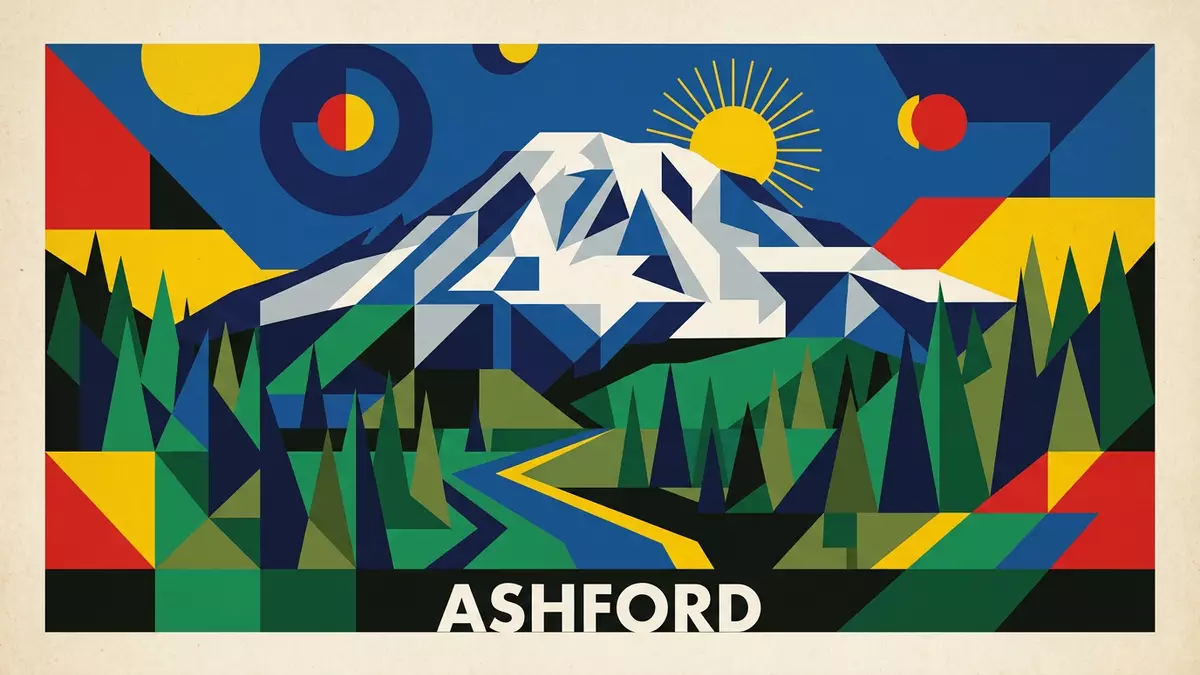 Bauhaus-Poster als Abstraktion von Mount-Rainier-Nationalpark in Ashford, USA
