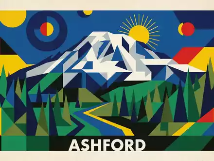 Bauhaus-Poster als geometrische Abstraktion von Mount-Rainier-Nationalpark in Ashford USA, kraeftige Grundfarben und harte Formkanten - Foto: THN
