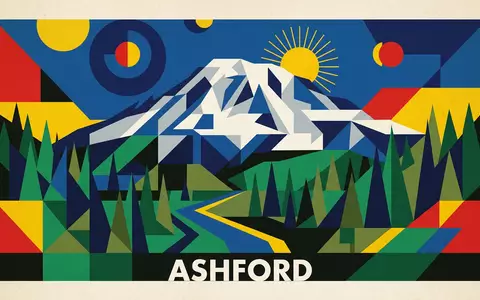 Bauhaus-Poster als geometrische Abstraktion von Mount-Rainier-Nationalpark in Ashford USA, kraeftige Grundfarben und harte Formkanten - Foto: THN