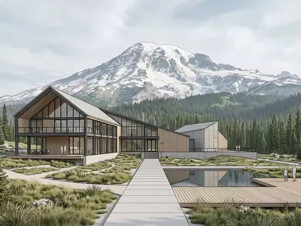 Moderner Architektur-Render zeigt Silhouette von Mount-Rainier-Nationalpark in Ashford USA, klare Linien und neutrales Tageslicht - Foto: THN