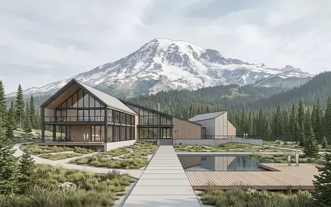Moderner Architektur-Render zeigt Silhouette von Mount-Rainier-Nationalpark in Ashford USA, klare Linien und neutrales Tageslicht - Foto: THN