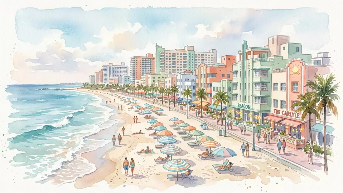 Aquarell-Illustration von South Beach Miami in Miami Beach, USA als Reiseposter