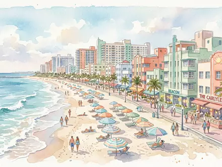 Aquarellillustration des Wahrzeichens South Beach Miami in Miami Beach USA, weiche Farbverläufe und pastelliges Reiseposter-Feeling - Foto: THN