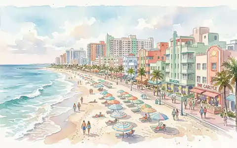 Aquarellillustration des Wahrzeichens South Beach Miami in Miami Beach USA, weiche Farbverläufe und pastelliges Reiseposter-Feeling - Foto: THN