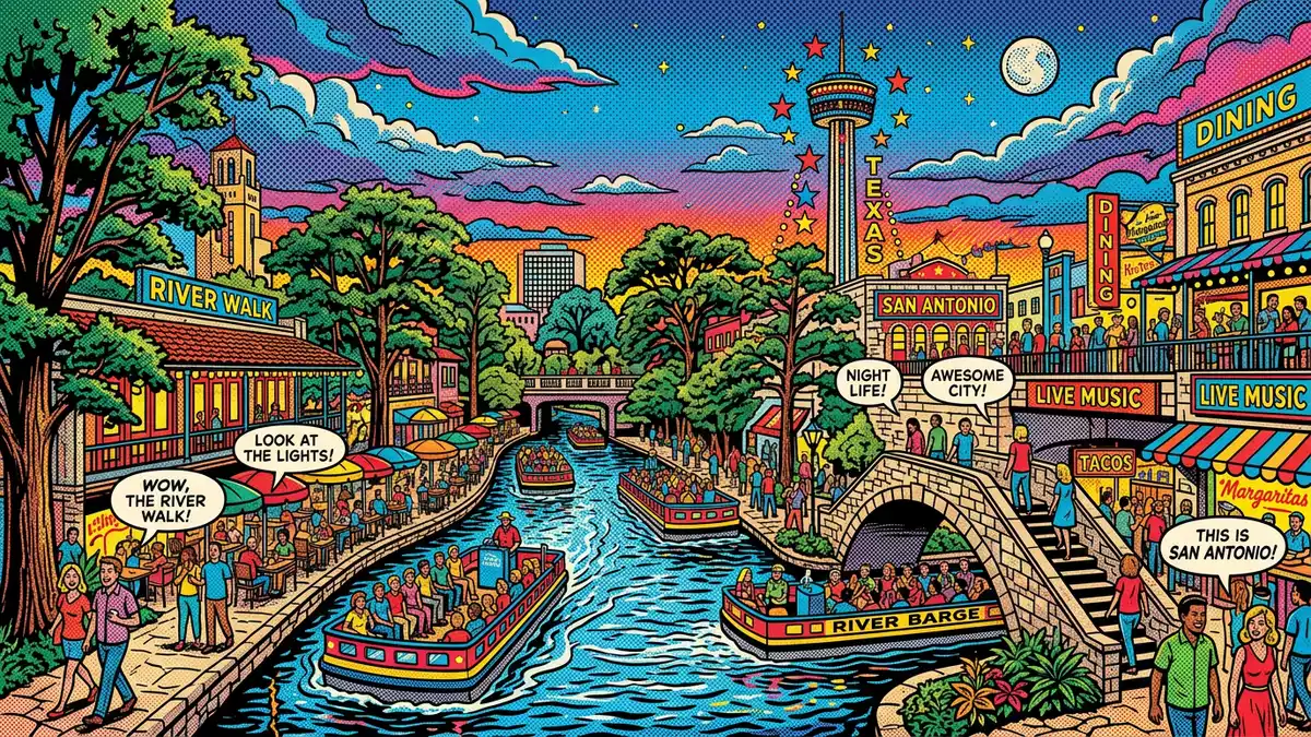 Pop-Art-Comic von San Antonio River Walk in San Antonio, USA mit Rasterpunkten
