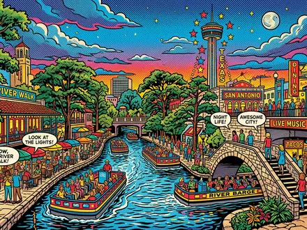 Pop-Art-Comicillustration des Wahrzeichens San Antonio River Walk in San Antonio USA, kraeftige Konturen Rasterpunkte und - Foto: THN