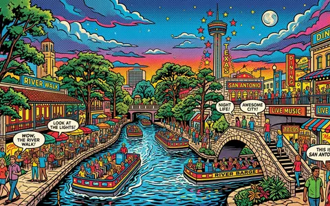 Pop-Art-Comicillustration des Wahrzeichens San Antonio River Walk in San Antonio USA, kraeftige Konturen Rasterpunkte und - Foto: THN