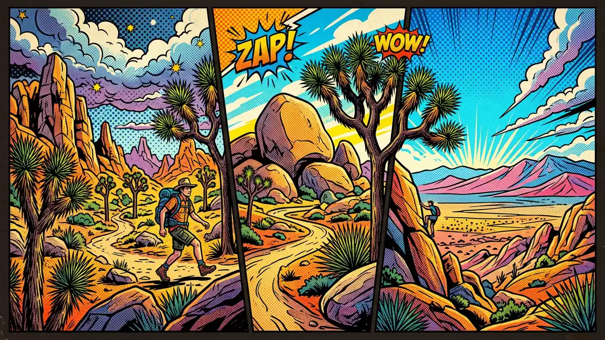 Pop-Art-Comic von Joshua-Tree-Nationalpark in Joshua Tree, USA mit Rasterpunkten