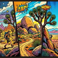 Pop-Art-Comicillustration des Wahrzeichens Joshua-Tree-Nationalpark in Joshua Tree USA, kraeftige Konturen Rasterpunkte und satte Farben - Foto: THN
