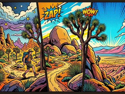 Pop-Art-Comicillustration des Wahrzeichens Joshua-Tree-Nationalpark in Joshua Tree USA, kraeftige Konturen Rasterpunkte und satte Farben - Foto: THN