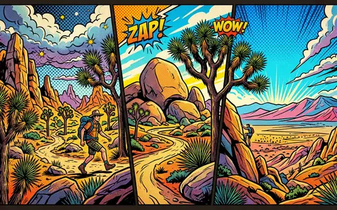 Pop-Art-Comicillustration des Wahrzeichens Joshua-Tree-Nationalpark in Joshua Tree USA, kraeftige Konturen Rasterpunkte und satte Farben - Foto: THN