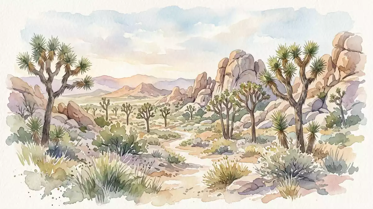 Aquarell-Illustration von Joshua-Tree-Nationalpark in Joshua Tree, USA als Reiseposter