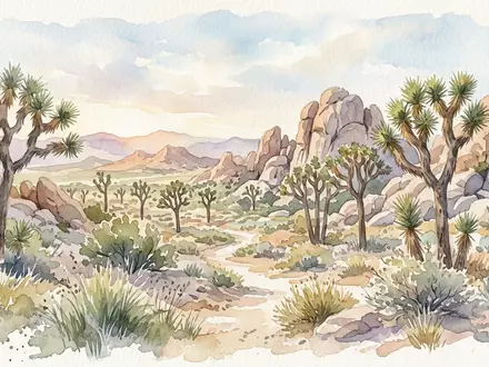 Aquarellillustration des Wahrzeichens Joshua-Tree-Nationalpark in Joshua Tree USA, weiche Farbverläufe und pastelliges Reiseposter-Feeling - Foto: THN