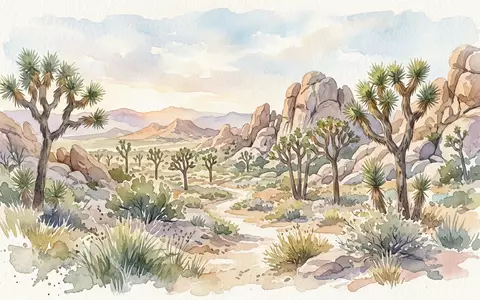 Aquarellillustration des Wahrzeichens Joshua-Tree-Nationalpark in Joshua Tree USA, weiche Farbverläufe und pastelliges Reiseposter-Feeling - Foto: THN