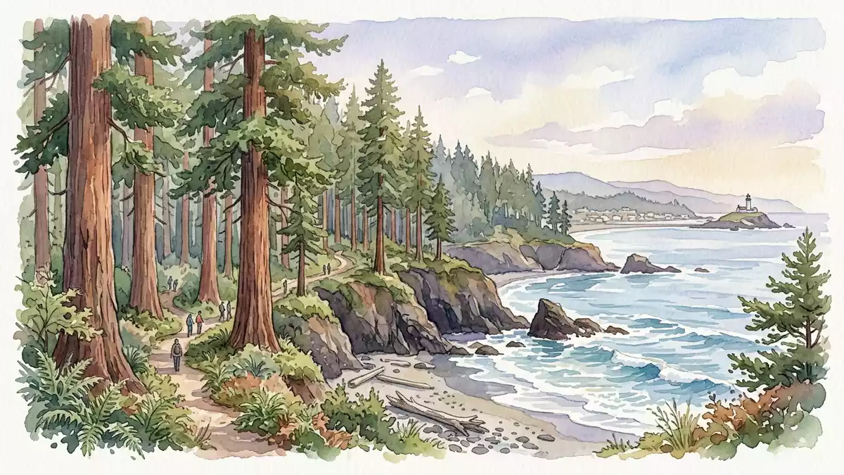 Aquarell-Illustration von Redwood-Nationalpark in Crescent City, USA als Reiseposter