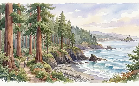 Aquarellillustration des Wahrzeichens Redwood-Nationalpark in Crescent City USA, weiche Farbverläufe und pastelliges Reiseposter-Feeling - Foto: THN