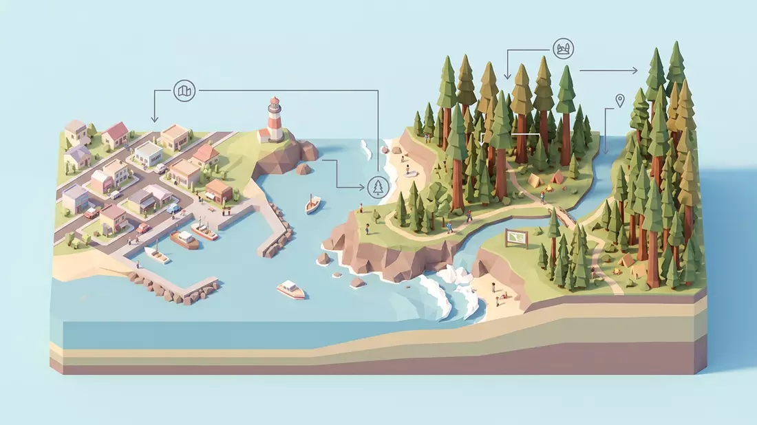 Isometrisches Diorama von Redwood-Nationalpark in Crescent City, USA in Pastell