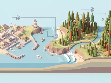 Isometrisches Diorama von Redwood-Nationalpark und Umgebung in Crescent City USA, verspielte Low-Poly-Kulisse in Pastellfarben - Foto: THN