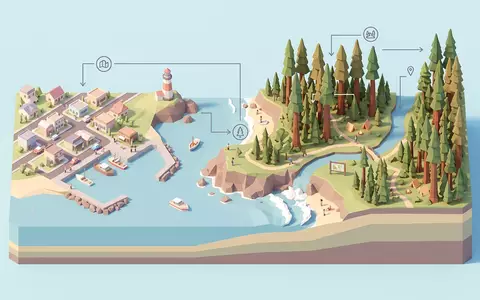 Isometrisches Diorama von Redwood-Nationalpark und Umgebung in Crescent City USA, verspielte Low-Poly-Kulisse in Pastellfarben - Foto: THN