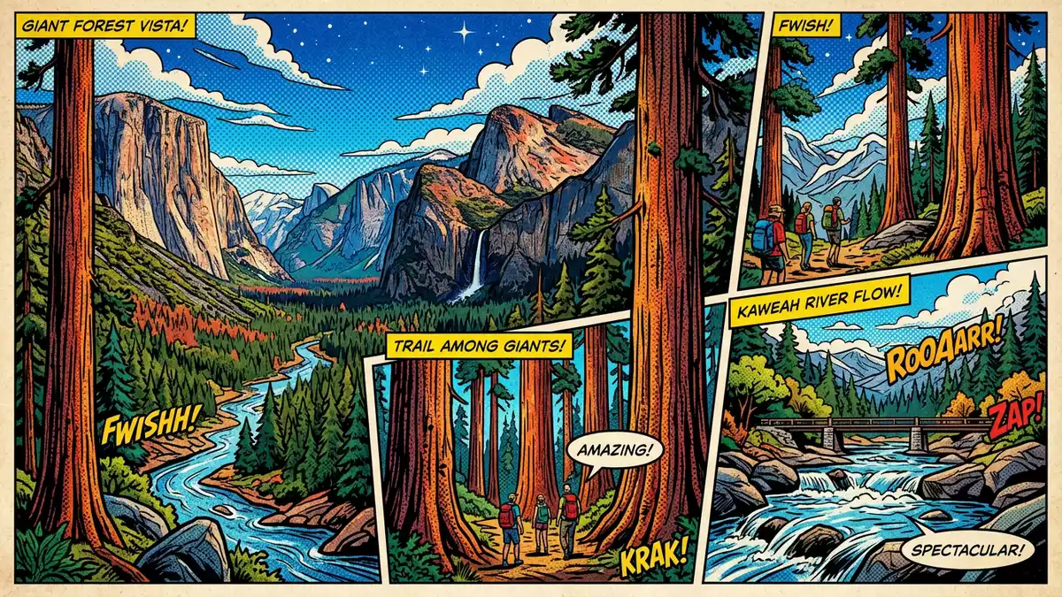 Pop-Art-Comic von Sequoia-Nationalpark in Three Rivers, USA mit Rasterpunkten