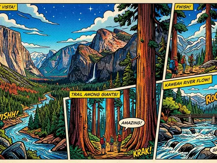 Pop-Art-Comicillustration des Wahrzeichens Sequoia-Nationalpark in Three Rivers USA, kraeftige Konturen Rasterpunkte und satte Farben - Foto: THN