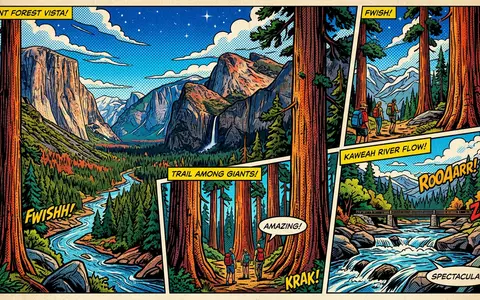 Pop-Art-Comicillustration des Wahrzeichens Sequoia-Nationalpark in Three Rivers USA, kraeftige Konturen Rasterpunkte und satte Farben - Foto: THN