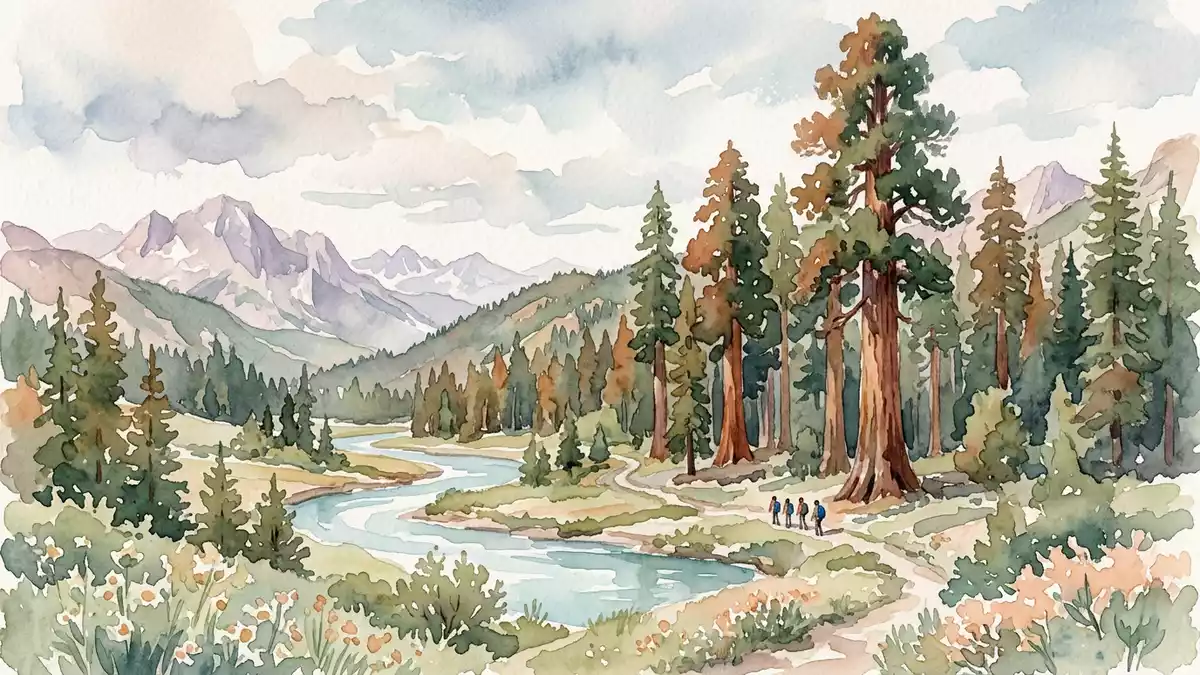 Aquarell-Illustration von Sequoia-Nationalpark in Three Rivers, USA als Reiseposter