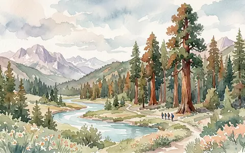 Aquarellillustration des Wahrzeichens Sequoia-Nationalpark in Three Rivers USA, weiche Farbverläufe und pastelliges Reiseposter-Feeling - Foto: THN