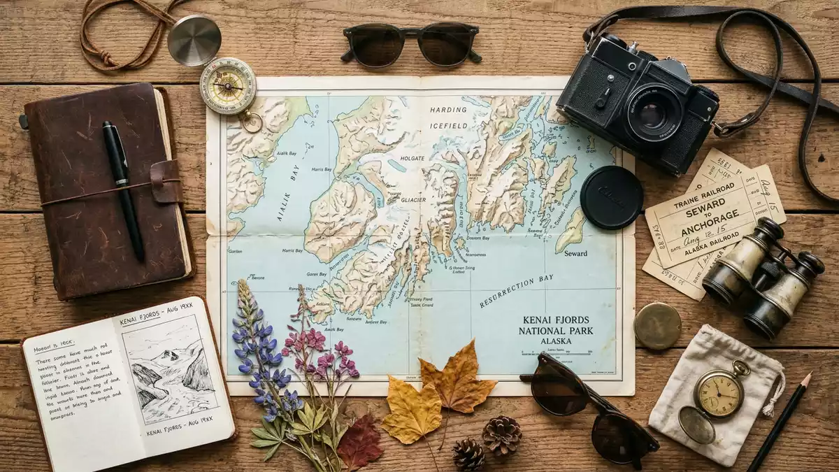 Flatlay-Reise-Arrangement rund um Kenai-Fjords-Nationalpark in Seward, USA