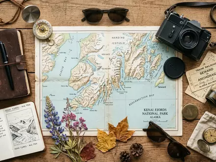 Flatlay-Reise-Arrangement rund um Kenai-Fjords-Nationalpark in Seward USA, Karte Kompass Kamera und generische Reiserequisiten - Foto: THN