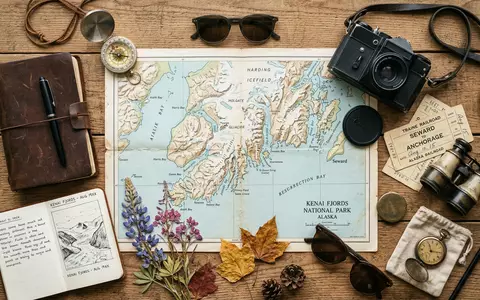 Flatlay-Reise-Arrangement rund um Kenai-Fjords-Nationalpark in Seward USA, Karte Kompass Kamera und generische Reiserequisiten - Foto: THN