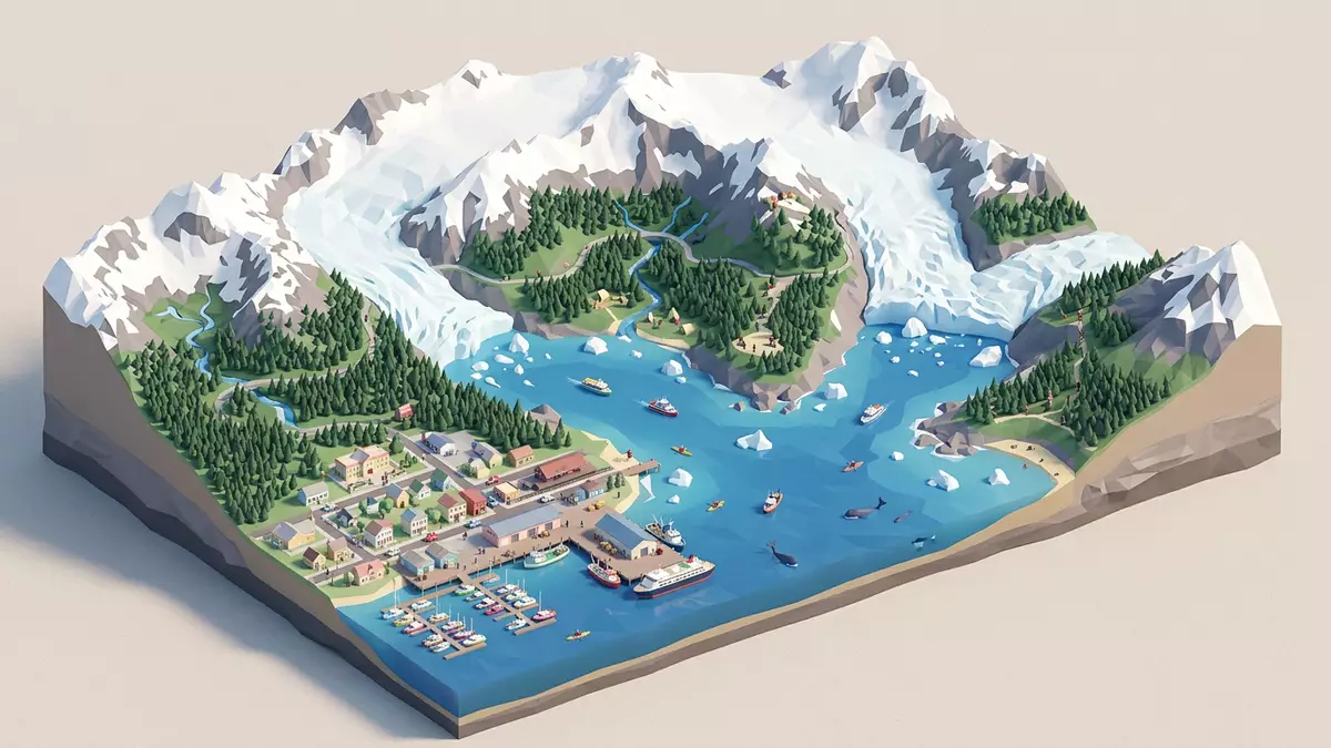 Isometrisches Diorama von Kenai-Fjords-Nationalpark in Seward, USA in Pastell