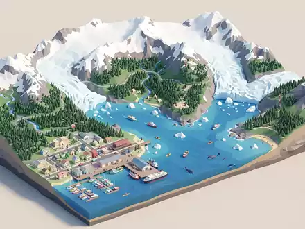 Isometrisches Diorama von Kenai-Fjords-Nationalpark und Umgebung in Seward USA, verspielte Low-Poly-Kulisse in Pastellfarben - Foto: THN