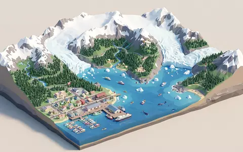 Isometrisches Diorama von Kenai-Fjords-Nationalpark und Umgebung in Seward USA, verspielte Low-Poly-Kulisse in Pastellfarben - Foto: THN