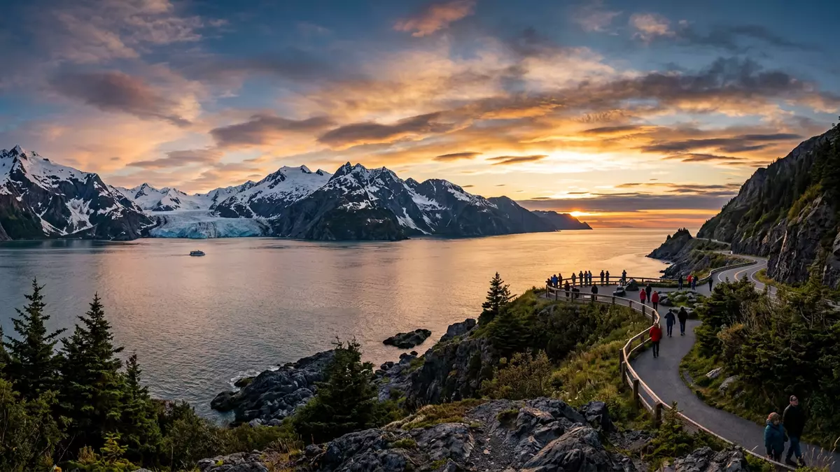 Fotorealistische Ansicht von Kenai-Fjords-Nationalpark in Seward, USA im Abendlicht