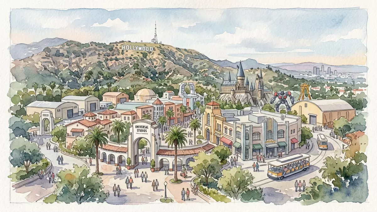 Aquarell-Illustration von Universal Studios Hollywood in Los Angeles, USA als Reiseposter
