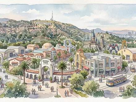 Aquarellillustration des Wahrzeichens Universal Studios Hollywood in Los Angeles USA, weiche Farbverläufe und pastelliges Reiseposter-Feeling - Foto: THN