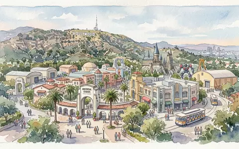 Aquarellillustration des Wahrzeichens Universal Studios Hollywood in Los Angeles USA, weiche Farbverläufe und pastelliges Reiseposter-Feeling - Foto: THN