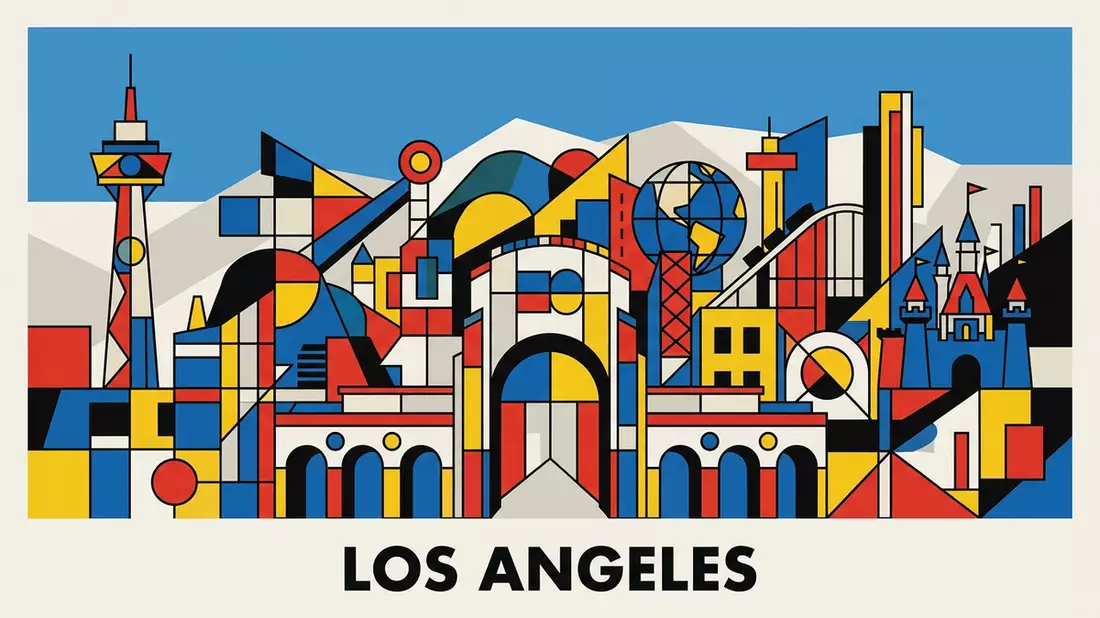 Bauhaus-Poster als Abstraktion von Universal Studios Hollywood in Los Angeles, USA
