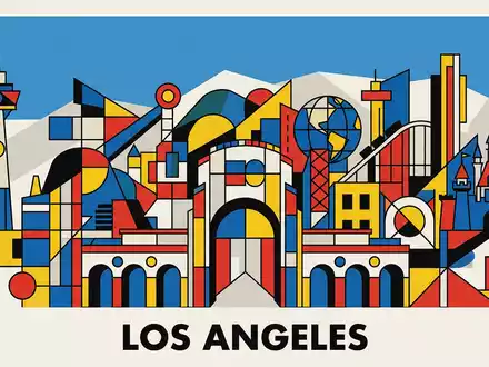 Bauhaus-Poster als geometrische Abstraktion von Universal Studios Hollywood in Los Angeles USA, kraeftige Grundfarben und - Foto: THN