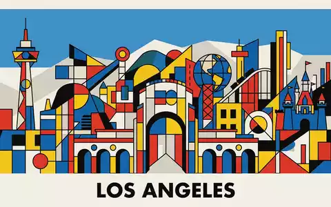 Bauhaus-Poster als geometrische Abstraktion von Universal Studios Hollywood in Los Angeles USA, kraeftige Grundfarben und - Foto: THN