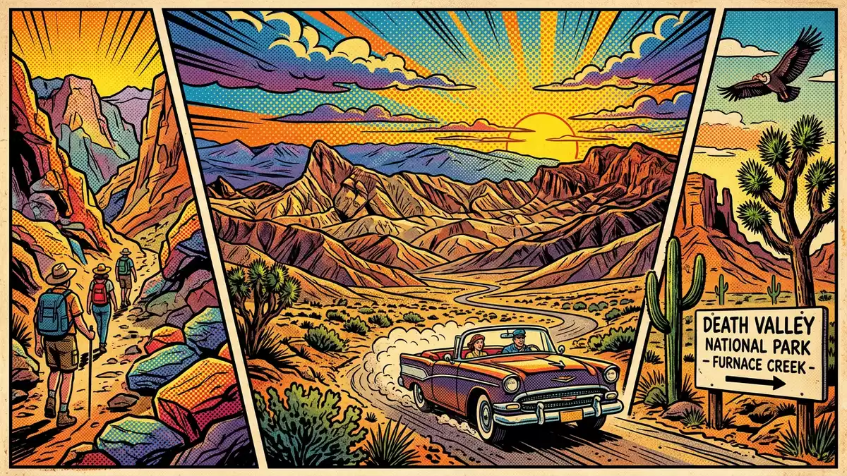 Pop-Art-Comic von Death-Valley-Nationalpark in Furnace Creek, USA mit Rasterpunkten