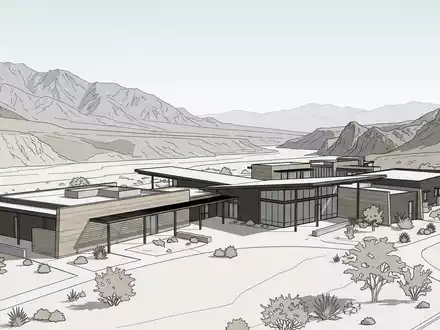 Moderner Architektur-Render zeigt Silhouette von Death-Valley-Nationalpark in Furnace Creek USA, klare Linien und neutrales Tageslicht - Foto: THN